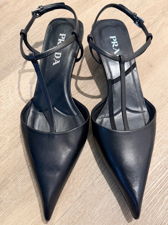 Prada Shoes - Prada Black Pointed T-Strap Leather Slingbacks